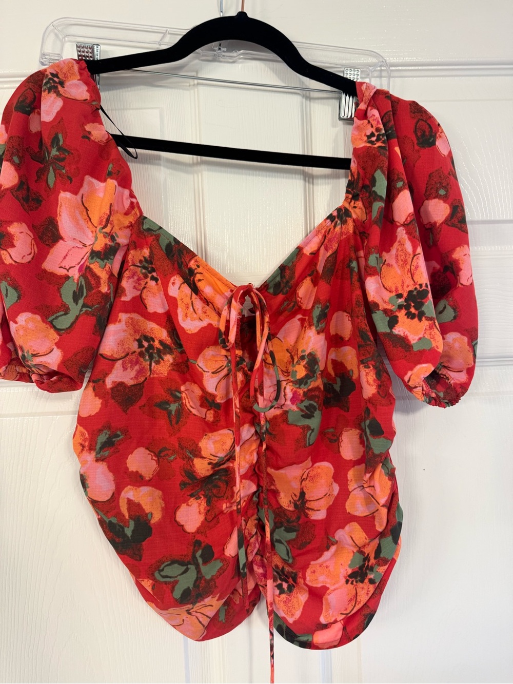 H&M Red Floral Puff-Sleeve Tie-Front Blouse